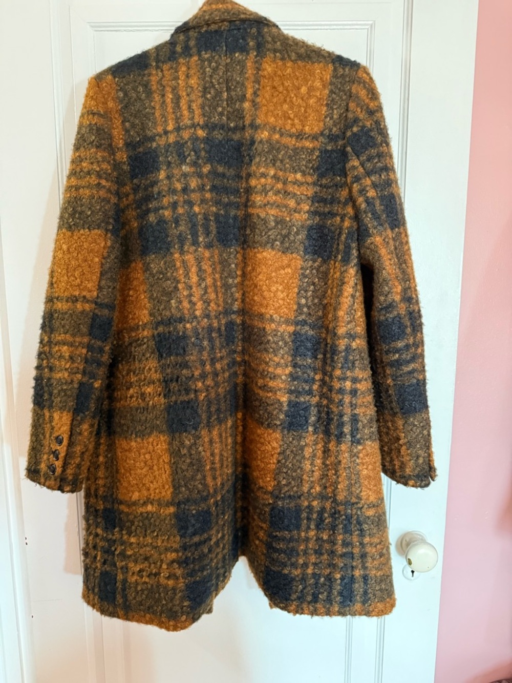 Plaid Double-Breasted Pea Coat in Burnt Caramel and Navy - Picture 3 of 13